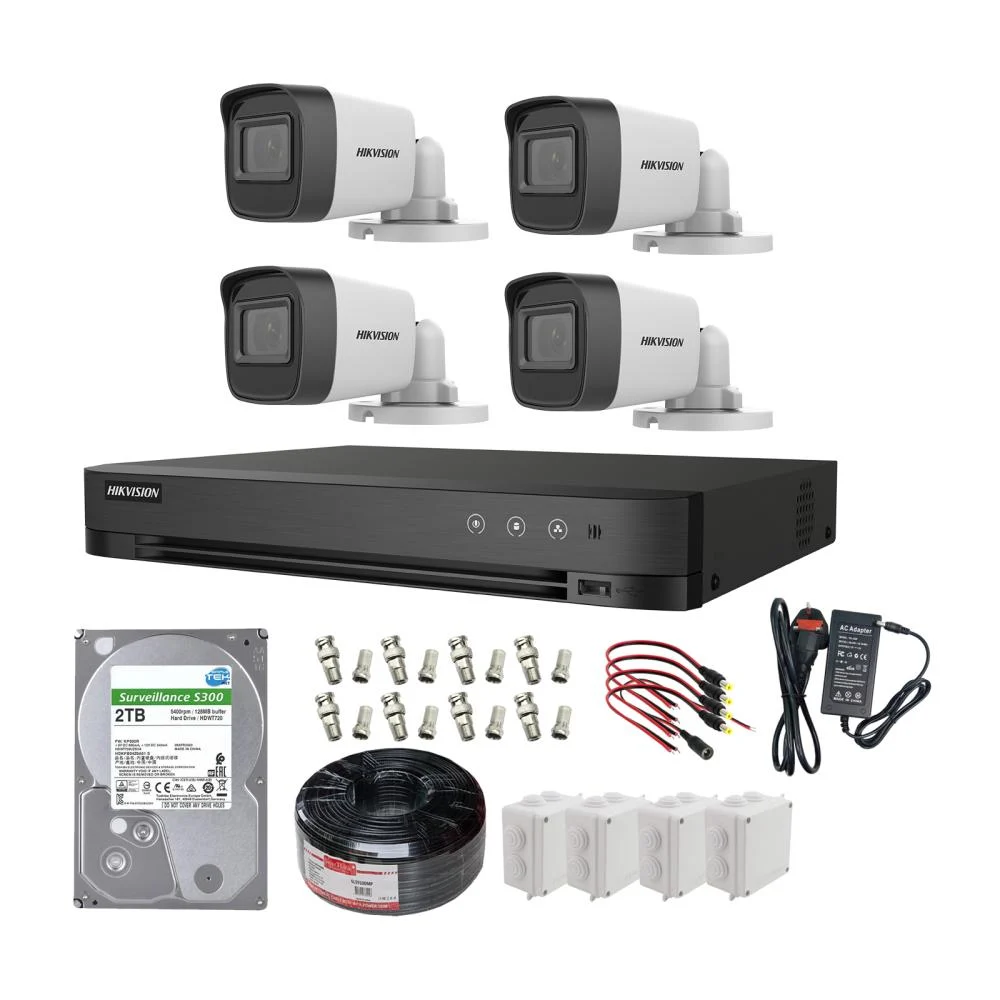 Hikvision 2MP 4-Camera Security System with 4CH DVR, 1TB HDD, 100m Cable & Installation Accessories – Complete Surveillance Kit
